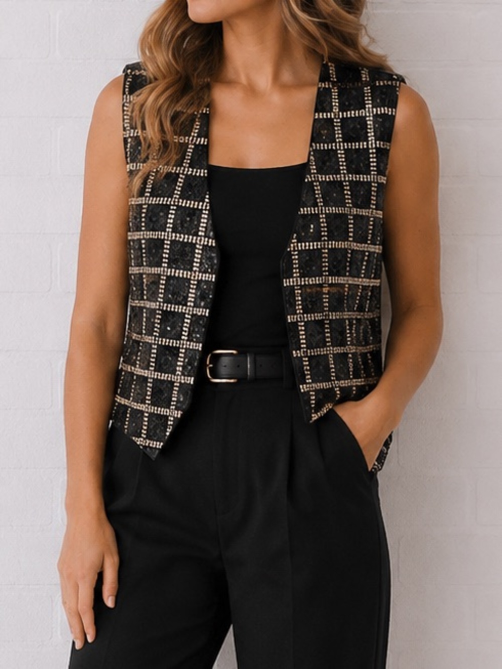 Vintage Creazioni Effeci Beaded Sequin Vest Black Pearl Embellished Rayon Medium